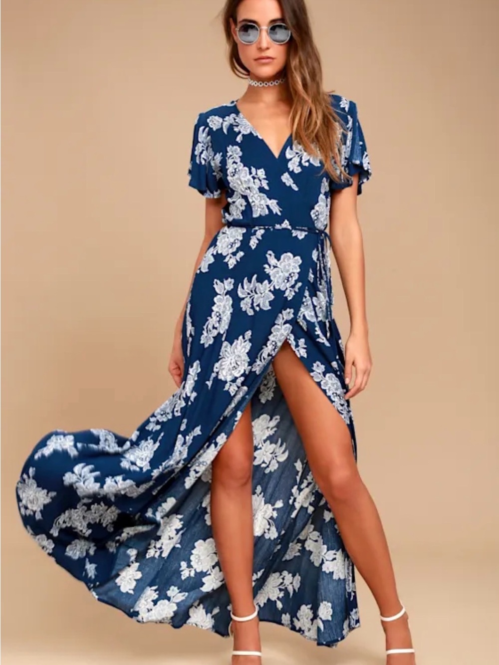 NWT Lulus Heart of Marigold Navy Blue Floral Print Wrap Maxi Dress XS
